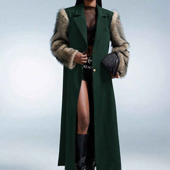 Green Elegant Women's Faux Fur Long Loose Patchwork Jacket - Picture 1 of 8